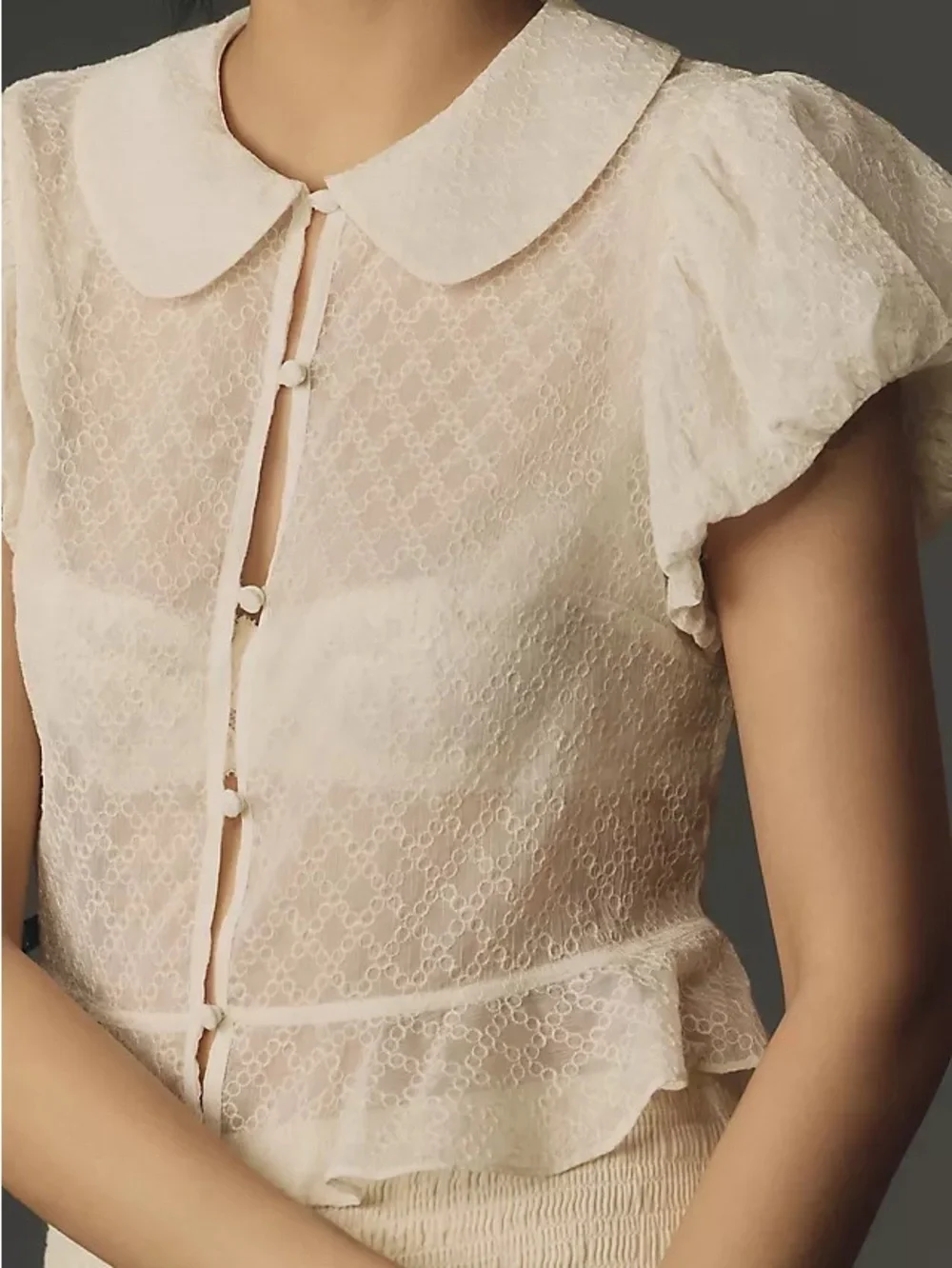 Anthropologie Collared Puff-Sleeve Lace Blouse |